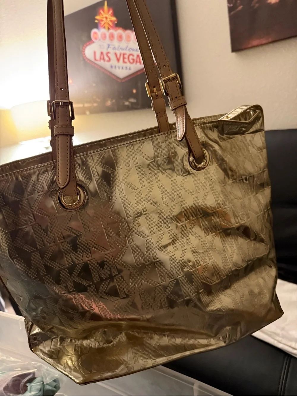 Michael Kors Metallic Gold Tote with Tan Straps